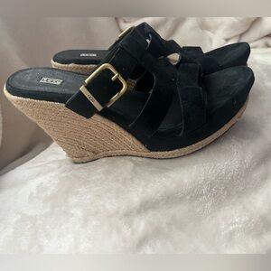 UGG Black Wedge Suede Sandals with Strappy Design